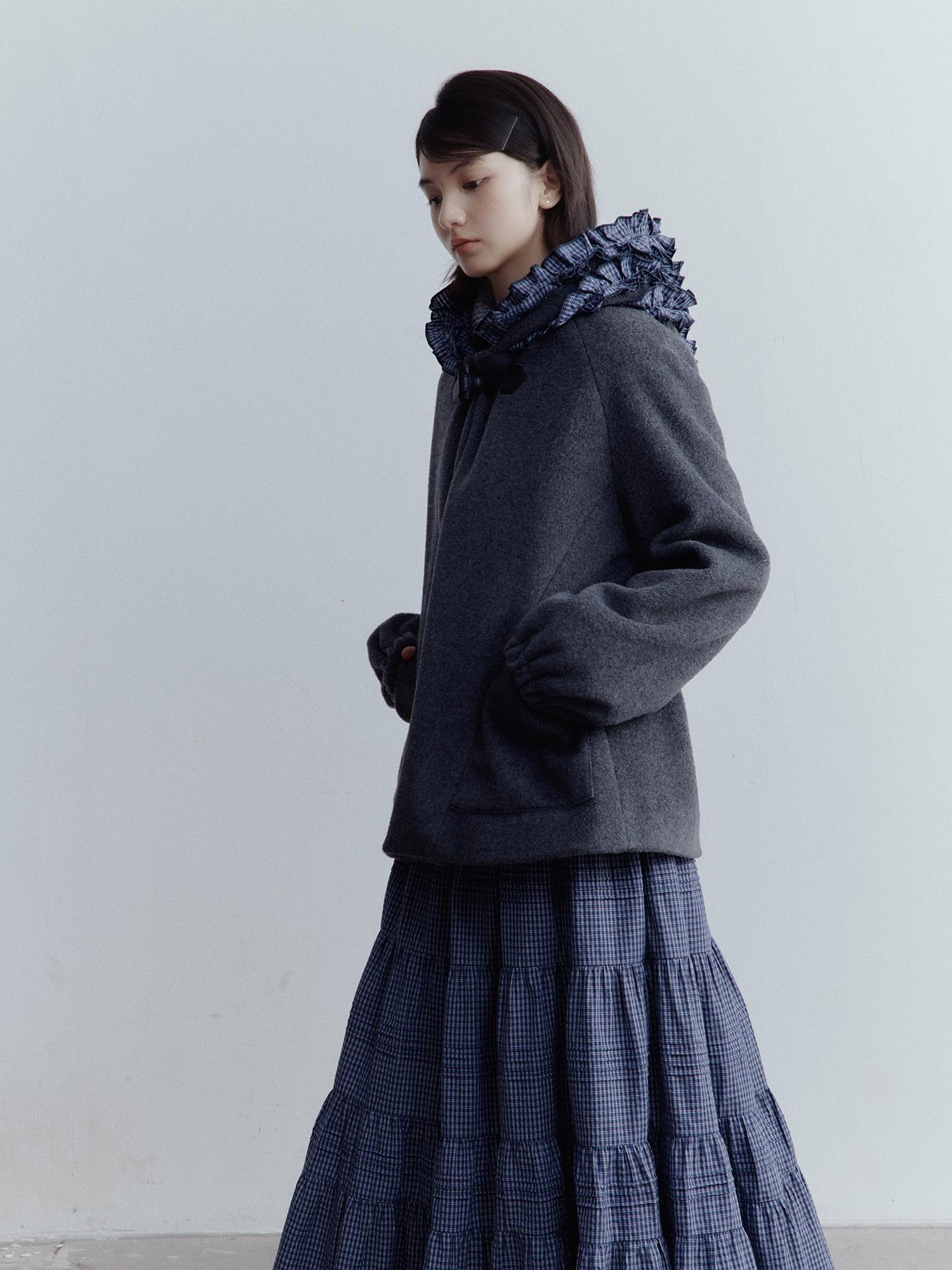 FUSSED Blue White Grid Tiered Ruffle Hem A Line Midi Skirt