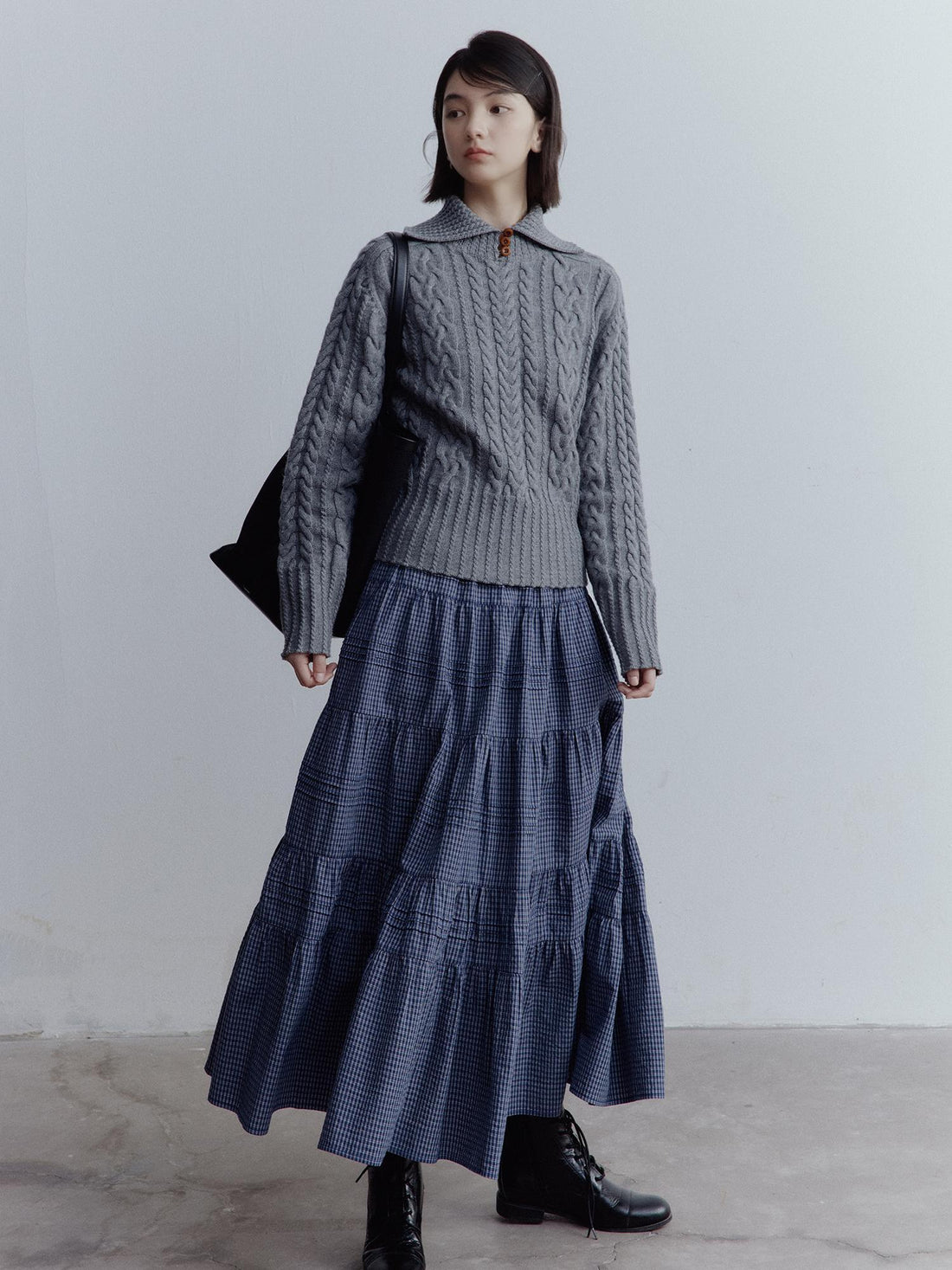 FUSSED Blue White Grid Tiered Ruffle Hem A Line Midi Skirt