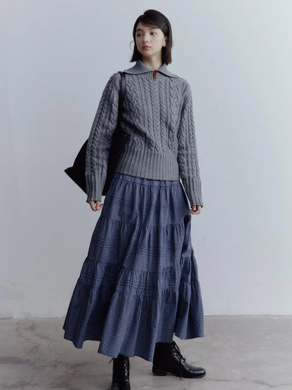 Blue White Grid Tiered Ruffle Hem A Line Midi Skirt