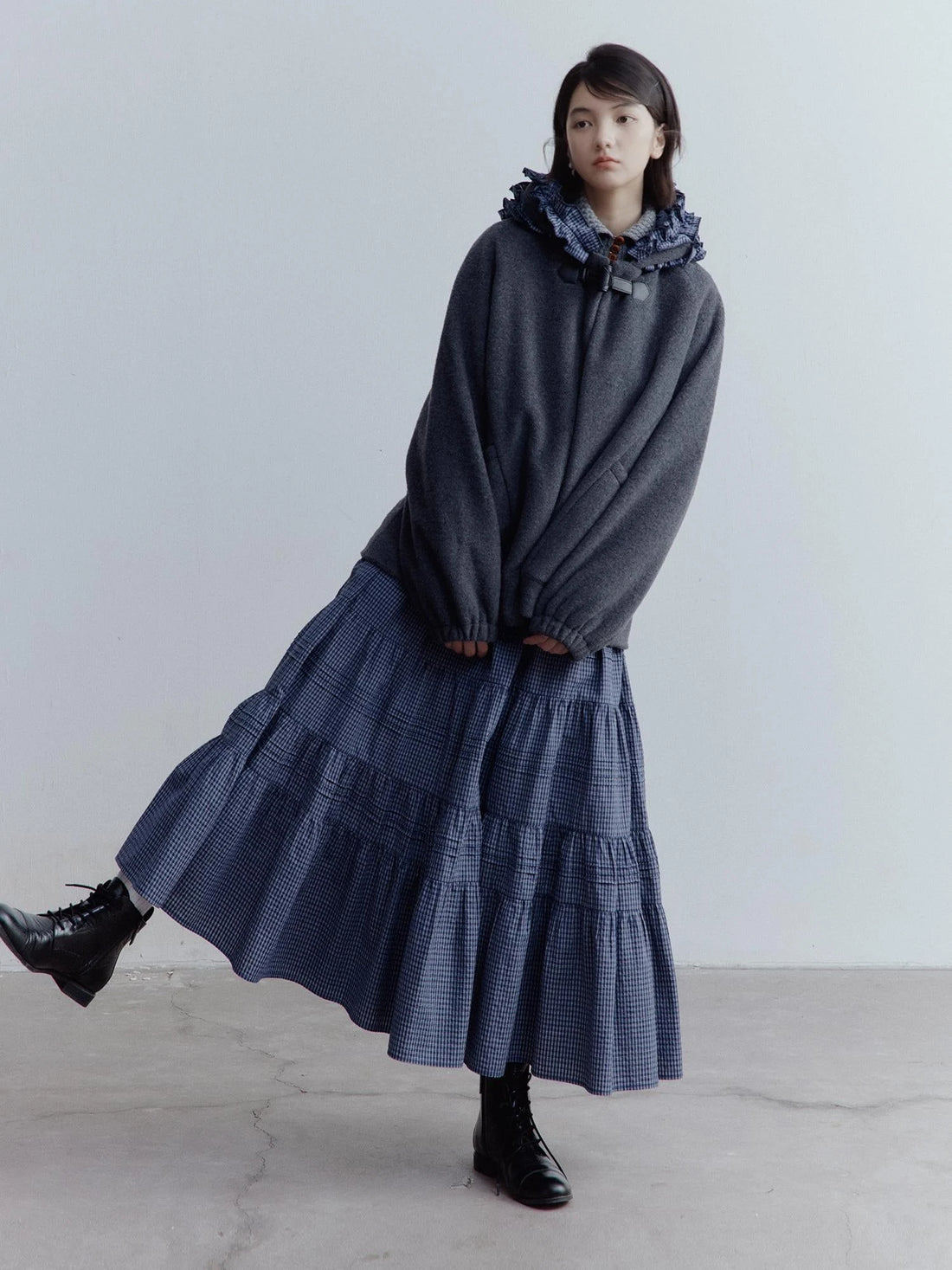 Blue White Grid Tiered Ruffle Hem A Line Midi Skirt
