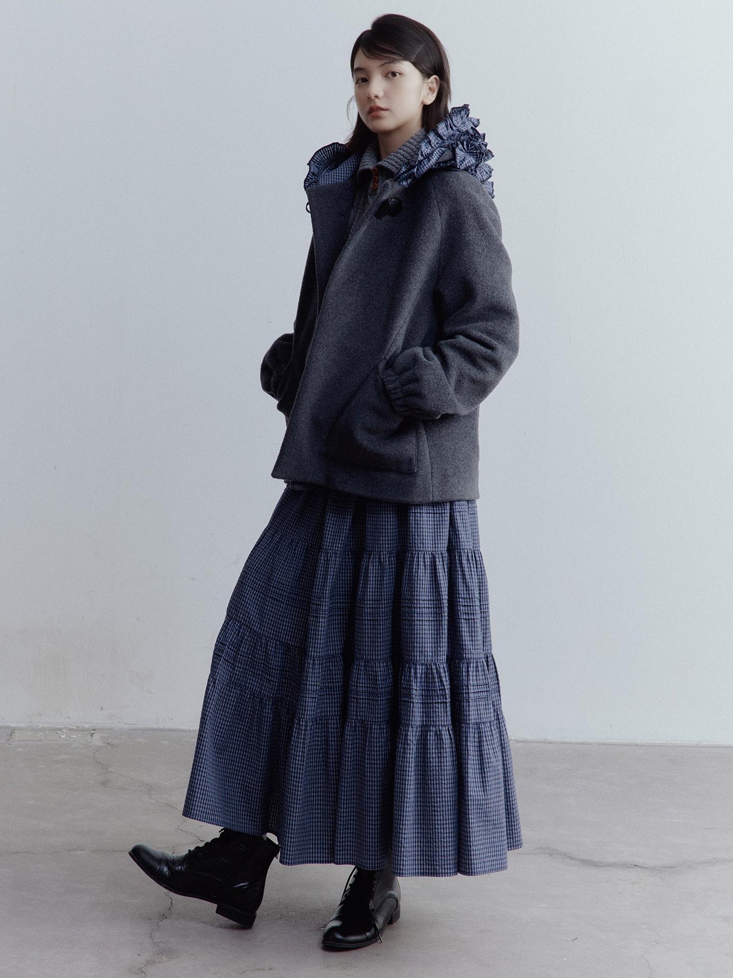 FUSSED Blue White Grid Tiered Ruffle Hem A Line Midi Skirt