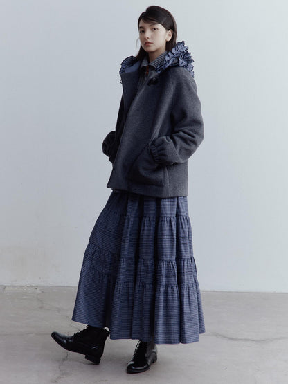 FUSSED Blue White Grid Tiered Ruffle Hem A Line Midi Skirt