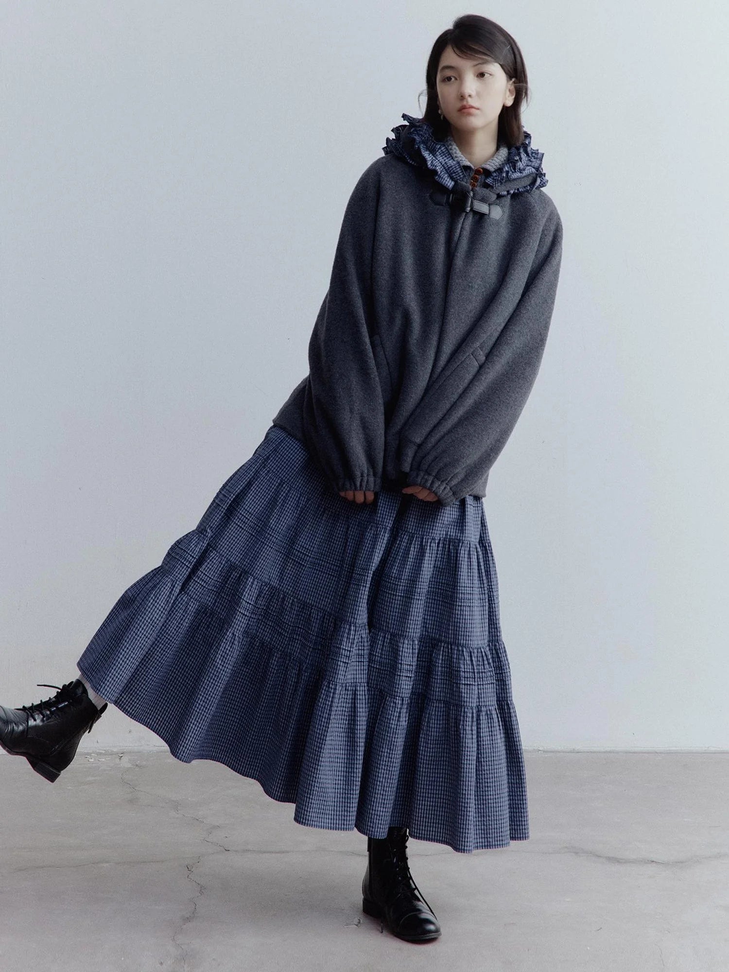 Blue White Grid Tiered Ruffle Hem A Line Midi Skirt