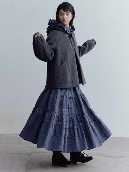 FUSSED Blue White Grid Tiered Ruffle Hem A Line Midi Skirt