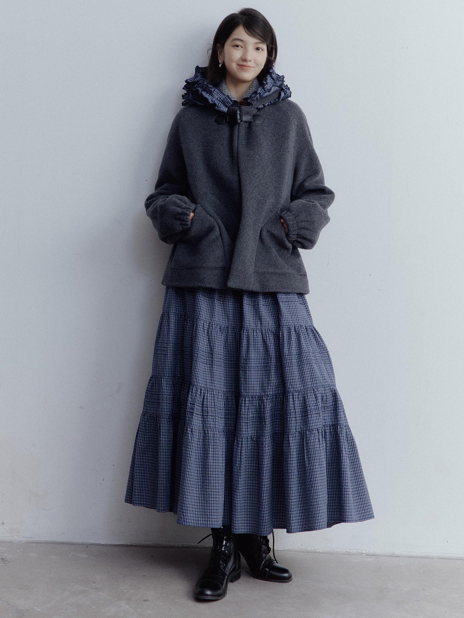 FUSSED Blue White Grid Tiered Ruffle Hem A Line Midi Skirt