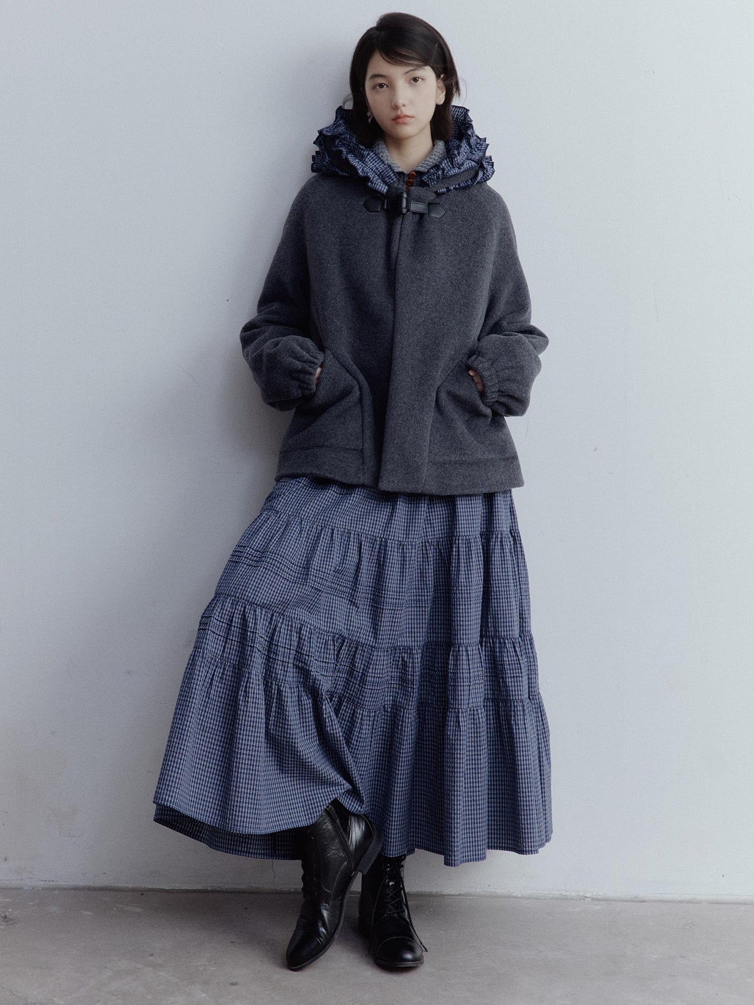 FUSSED Blue White Grid Tiered Ruffle Hem A Line Midi Skirt