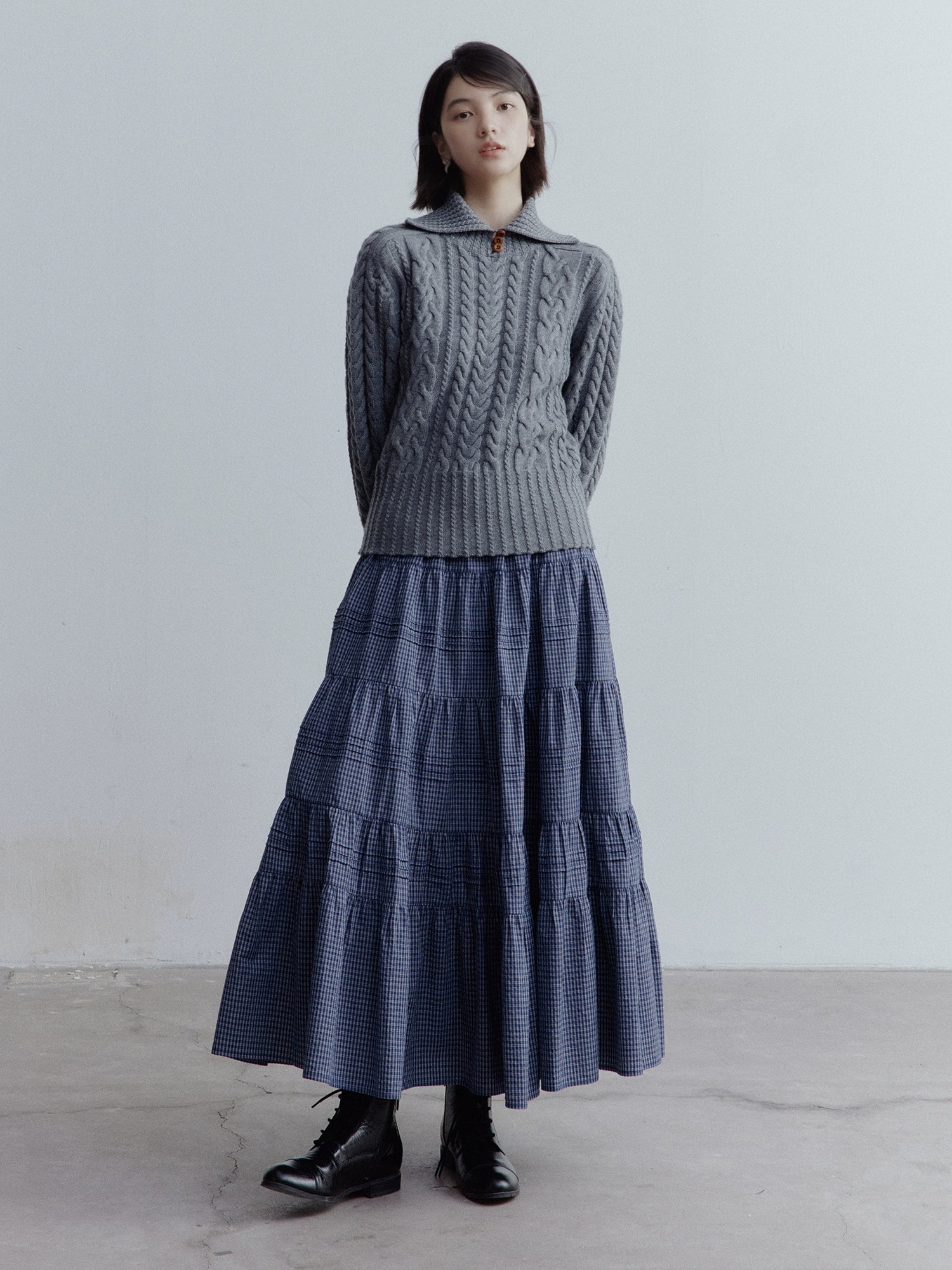 FUSSED_Blue_White_Grid_Tiered_Ruffle_Hem_A_Line_Midi_Skirt_MISSTT