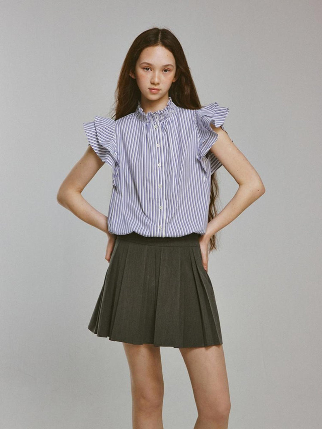 FUSSED Blue White Striped Bubble Collar Puff Sleeve Crop Shirt