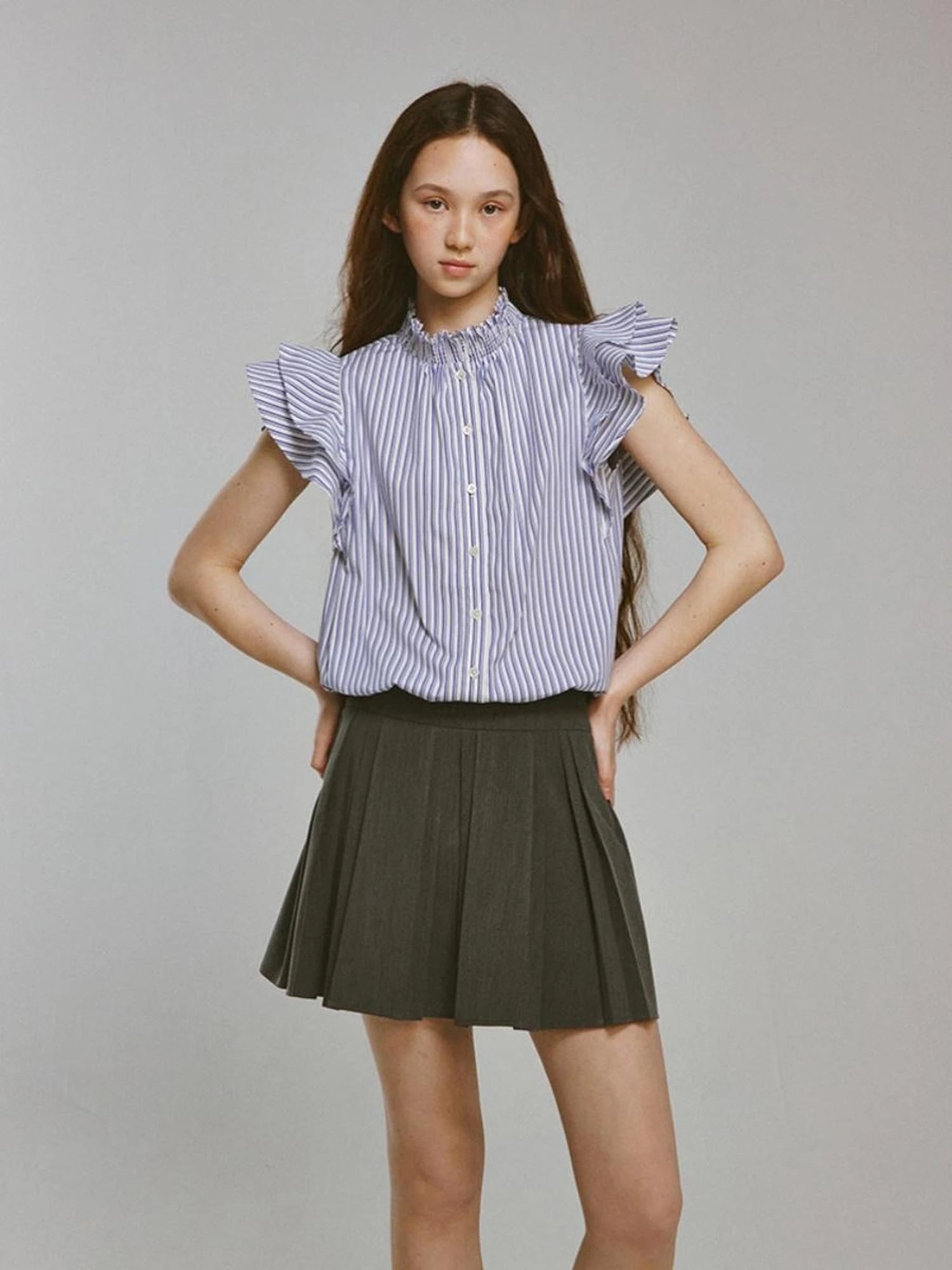 Blue White Striped Bubble Collar Puff Sleeve Crop Shirt