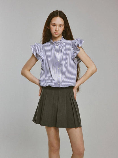 Blue White Striped Bubble Collar Puff Sleeve Crop Shirt