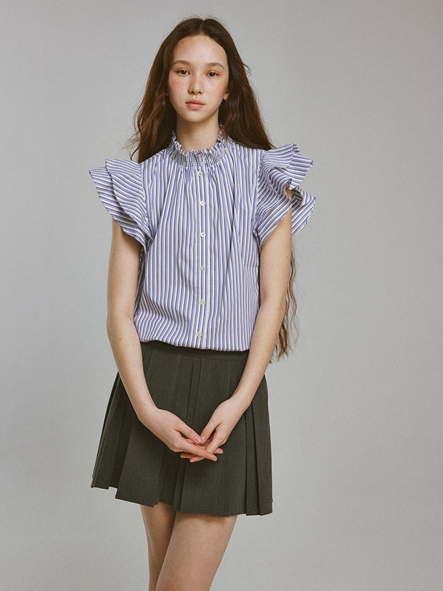 FUSSED Blue White Striped Bubble Collar Puff Sleeve Crop Shirt