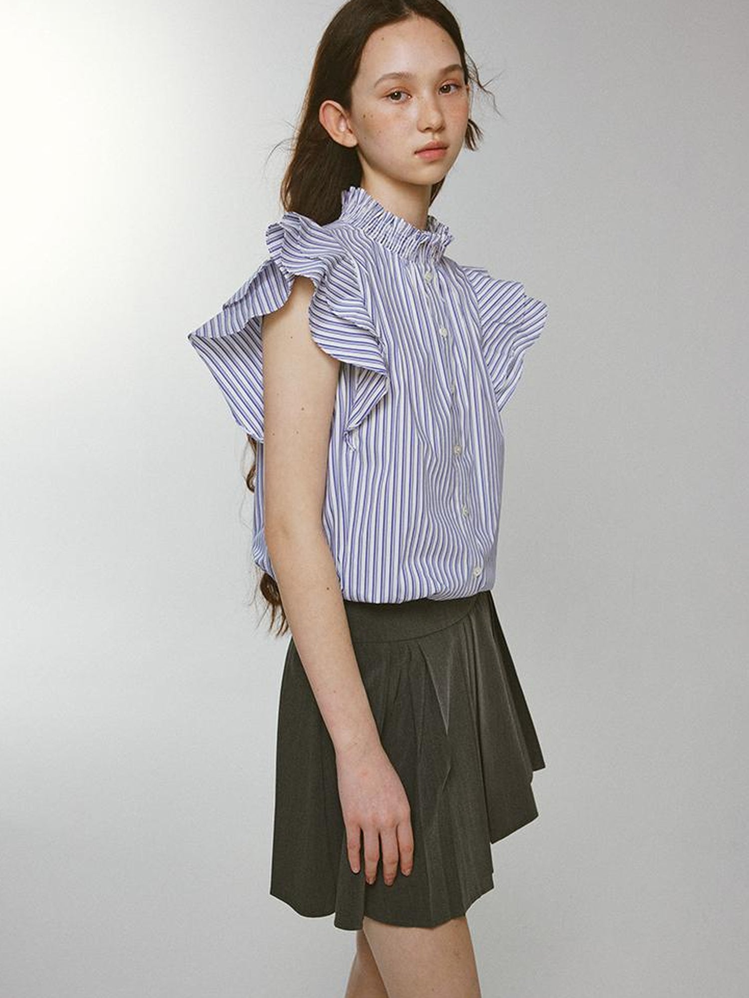 FUSSED Blue White Striped Bubble Collar Puff Sleeve Crop Shirt