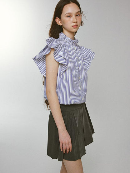 FUSSED Blue White Striped Bubble Collar Puff Sleeve Crop Shirt
