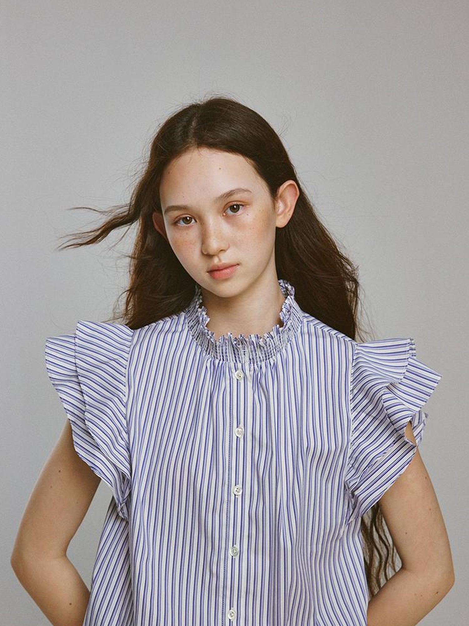 FUSSED Blue White Striped Bubble Collar Puff Sleeve Crop Shirt