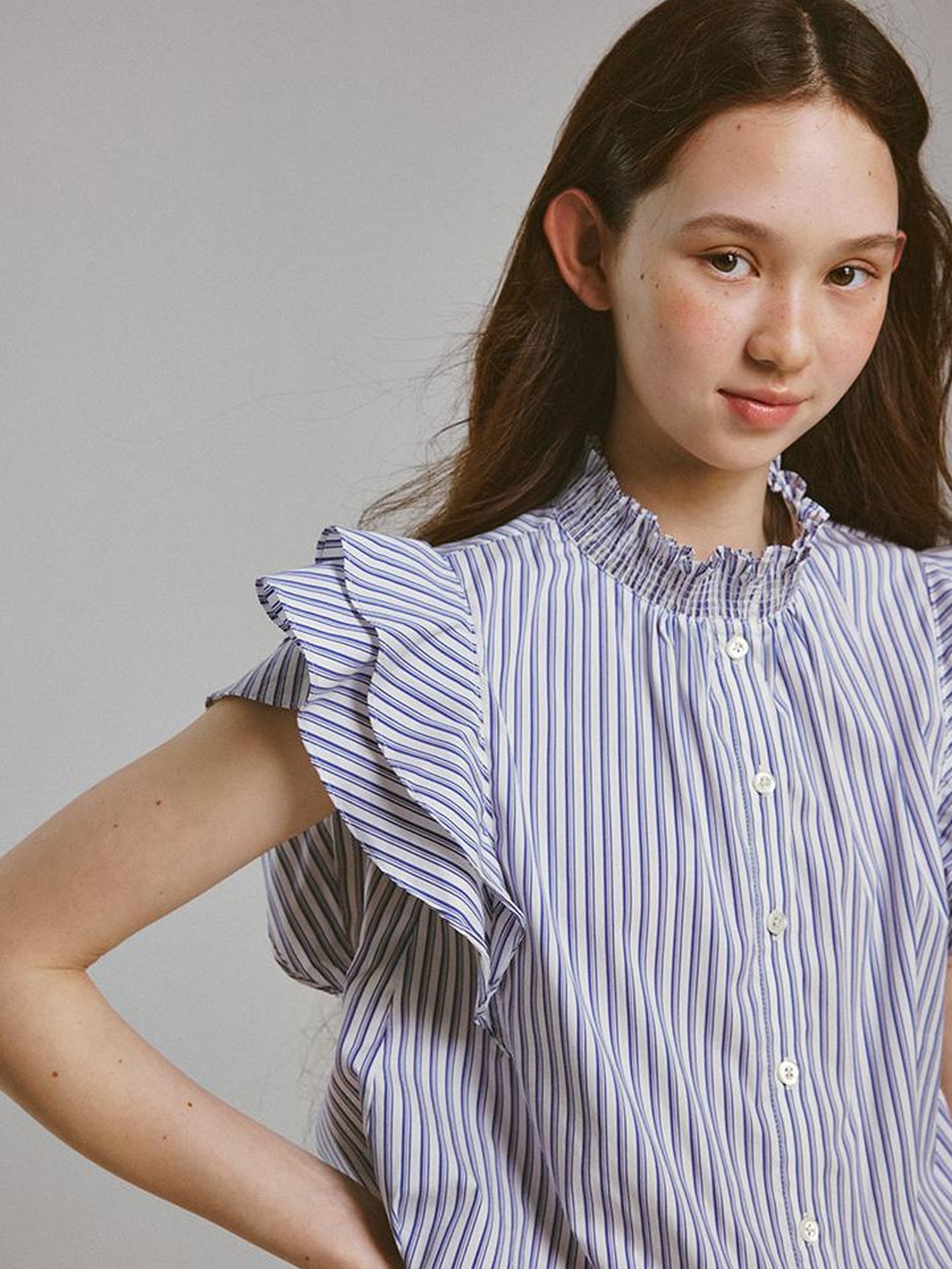 FUSSED Blue White Striped Bubble Collar Puff Sleeve Crop Shirt