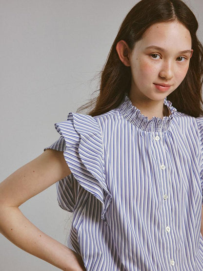 FUSSED Blue White Striped Bubble Collar Puff Sleeve Crop Shirt