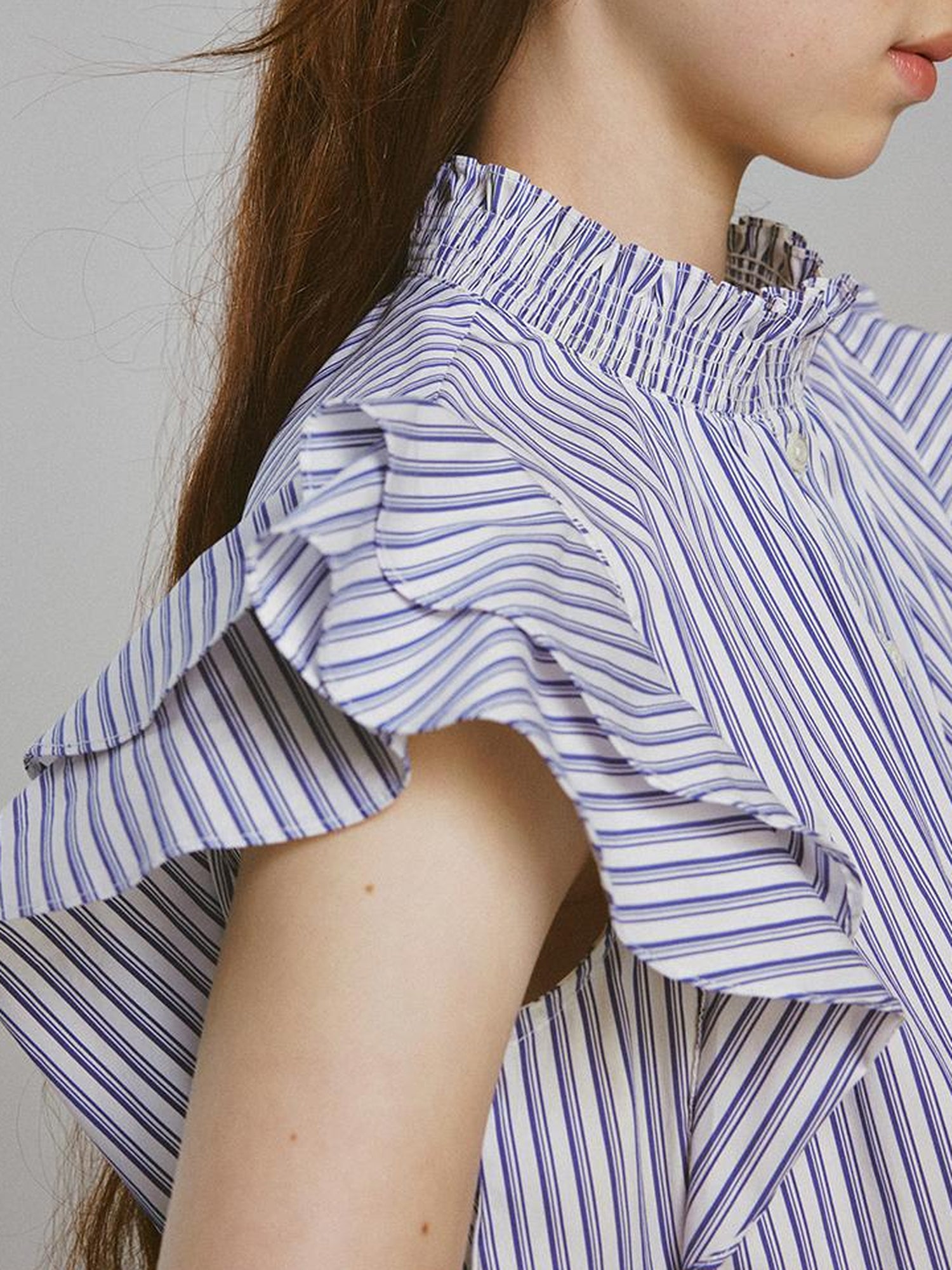 FUSSED Blue White Striped Bubble Collar Puff Sleeve Crop Shirt