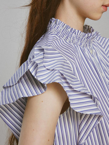 FUSSED Blue White Striped Bubble Collar Puff Sleeve Crop Shirt