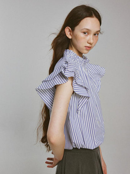 FUSSED Blue White Striped Bubble Collar Puff Sleeve Crop Shirt