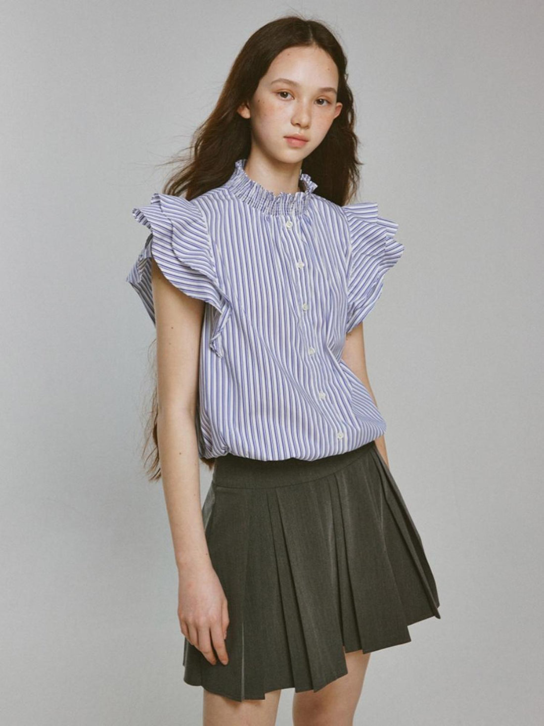 FUSSED Blue White Striped Bubble Collar Puff Sleeve Crop Shirt