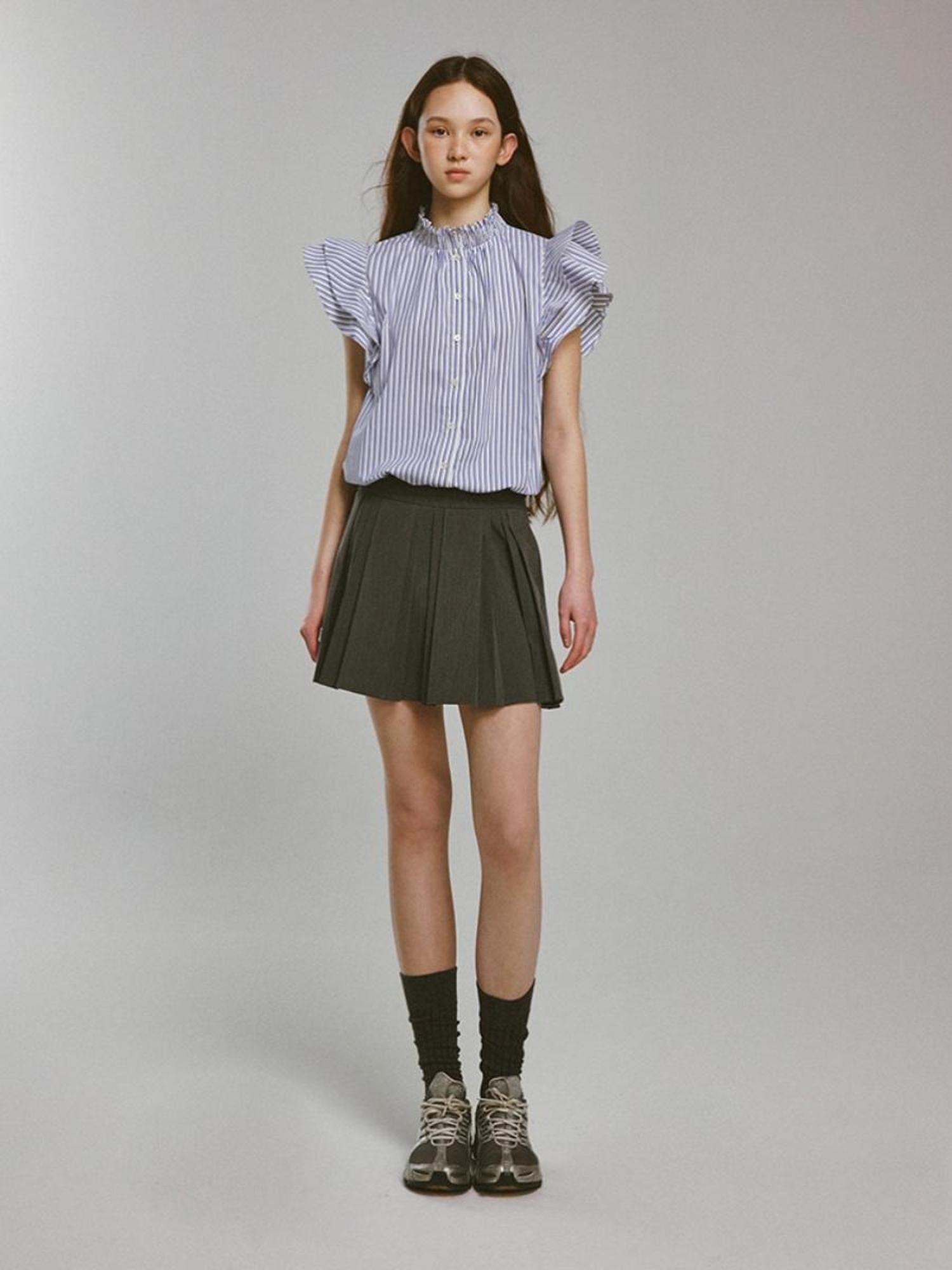 FUSSED Blue White Striped Bubble Collar Puff Sleeve Crop Shirt