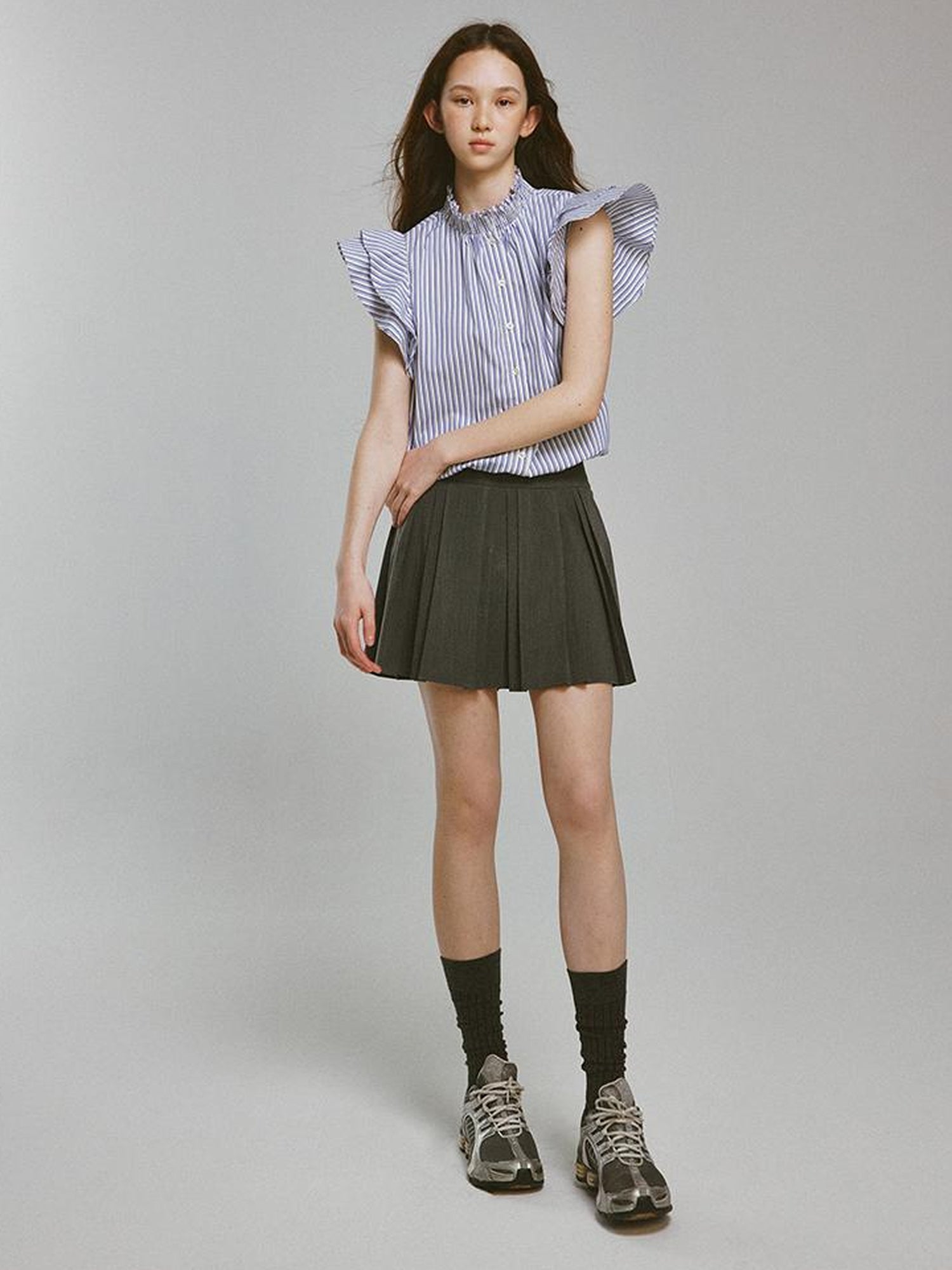 FUSSED Blue White Striped Bubble Collar Puff Sleeve Crop Shirt