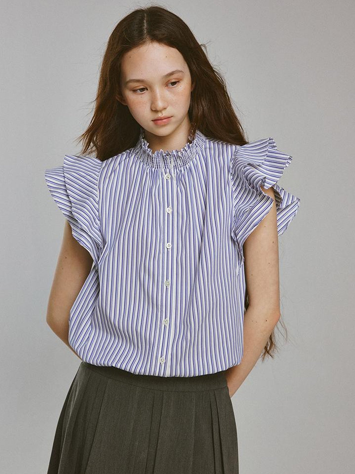 FUSSED Blue White Striped Bubble Collar Puff Sleeve Crop Shirt