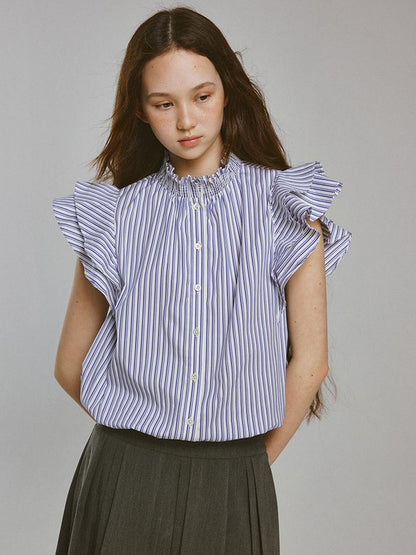 FUSSED Blue White Striped Bubble Collar Puff Sleeve Crop Shirt