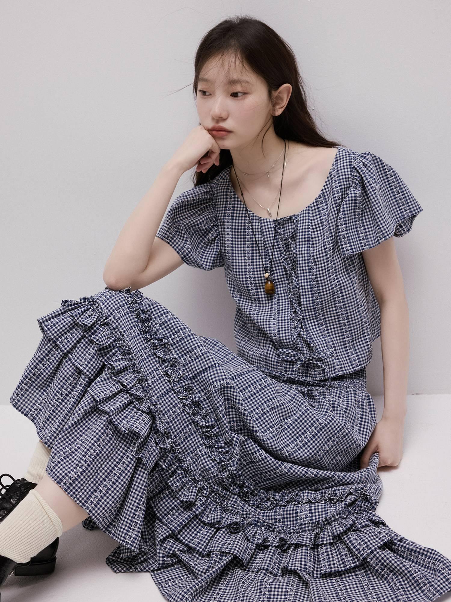 FUSSED_Blue_White_Vichy_Check_Tie_Flutter_Sleeve_Women&