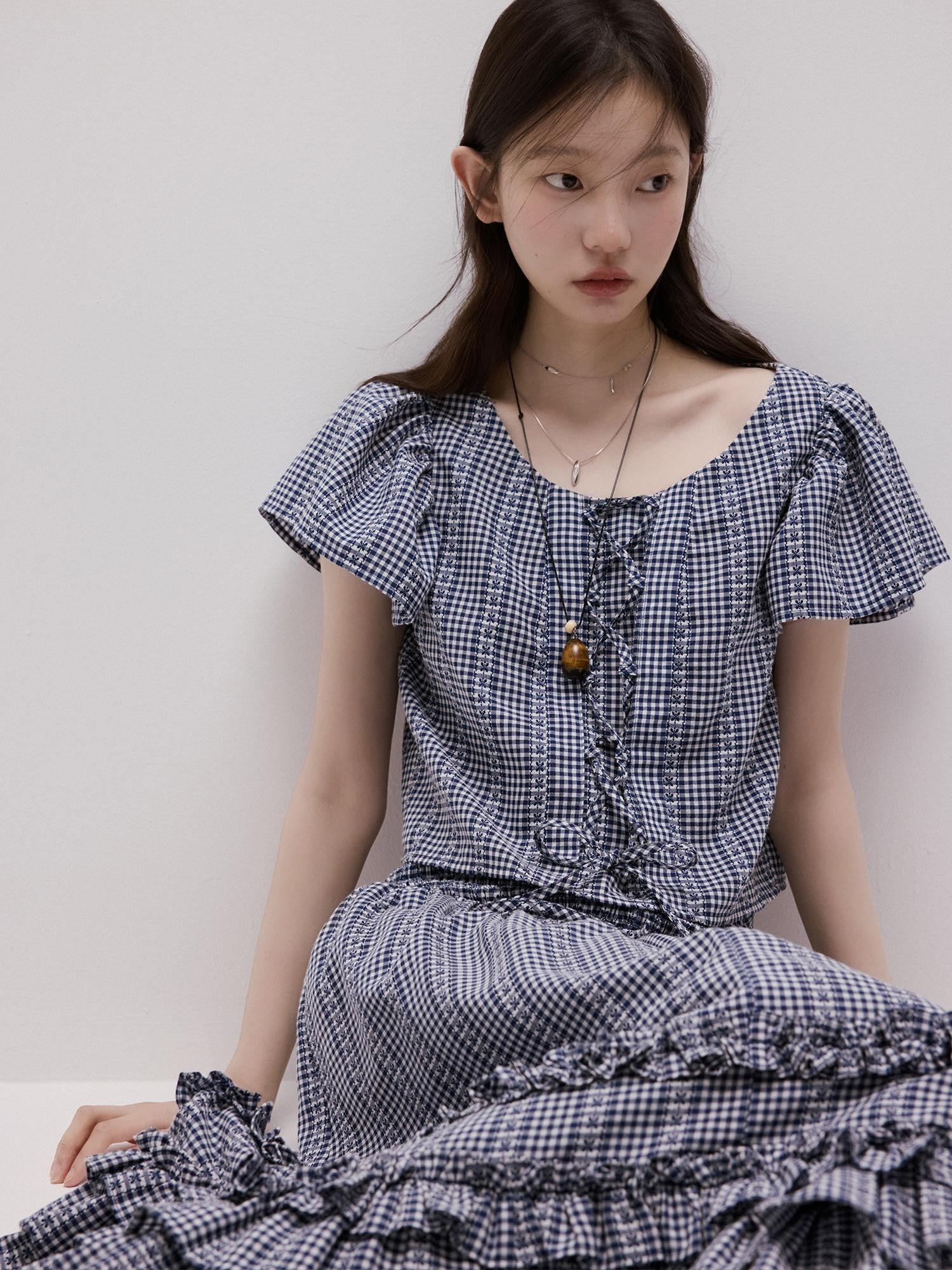 FUSSED Blue White Vichy Check Tie Flutter Sleeve Women&