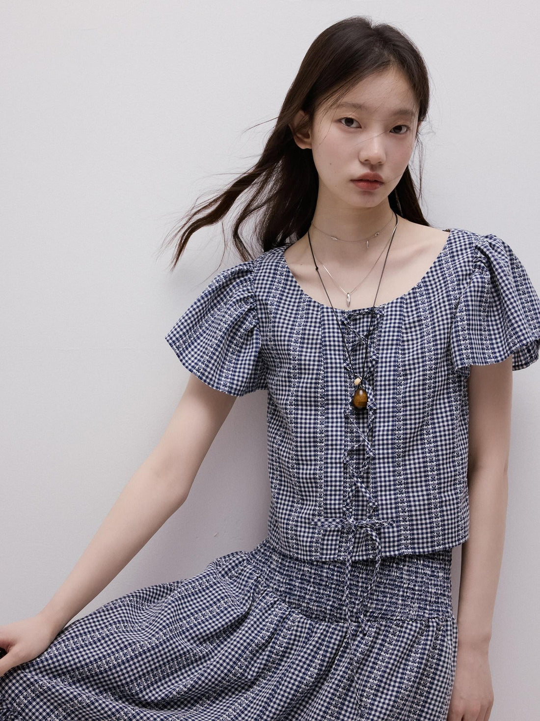 FUSSED Blue White Vichy Check Tie Flutter Sleeve Women&