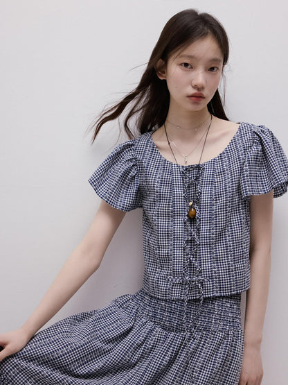 FUSSED Blue White Vichy Check Tie Flutter Sleeve Women&