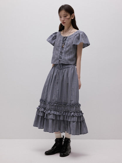 FUSSED Blue White Vichy Check Tie Flutter Sleeve Women&