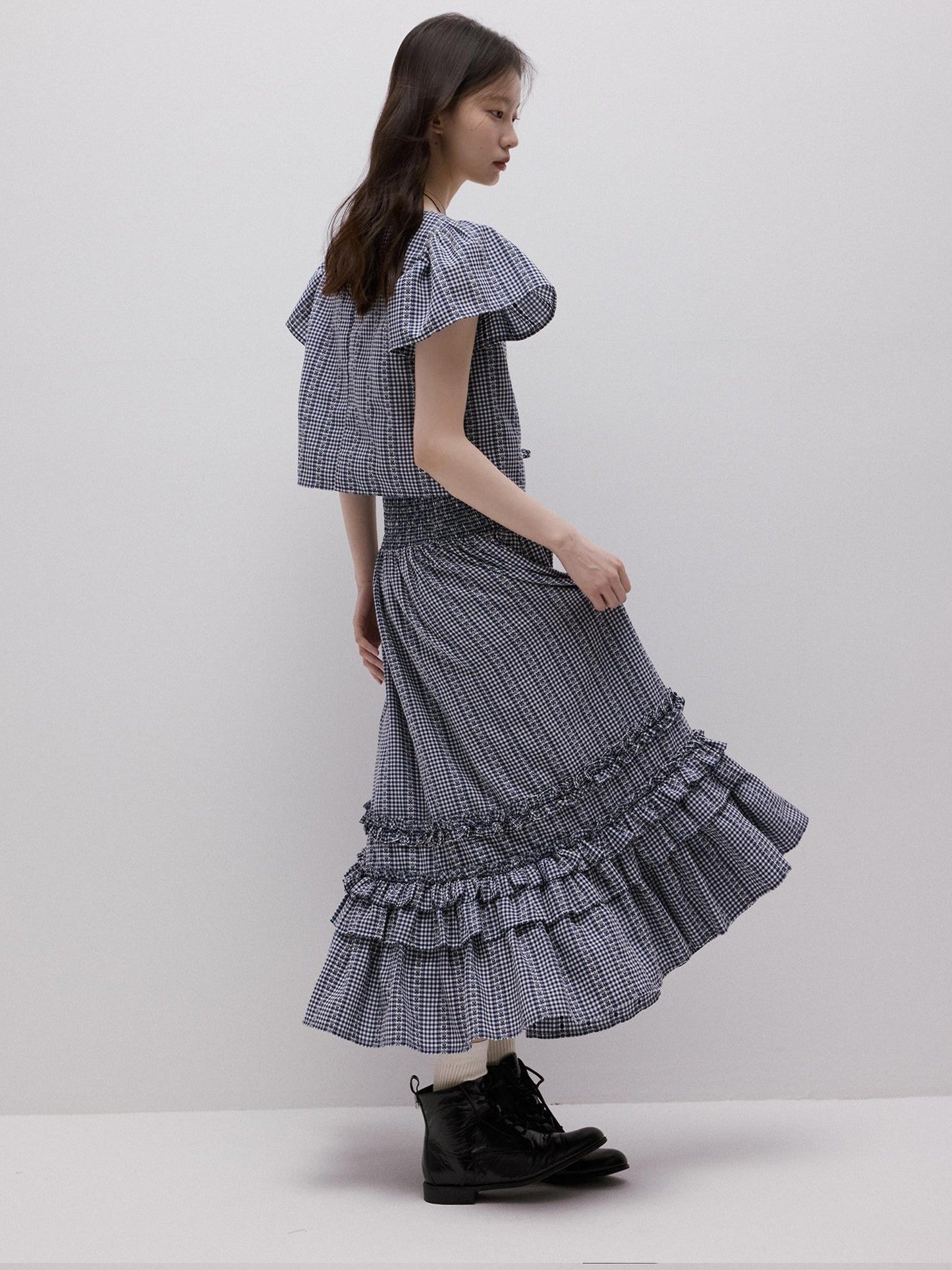 FUSSED Blue White Vichy Check Tie Flutter Sleeve Women&
