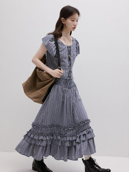 FUSSED Blue White Vichy Check Tie Flutter Sleeve Women&