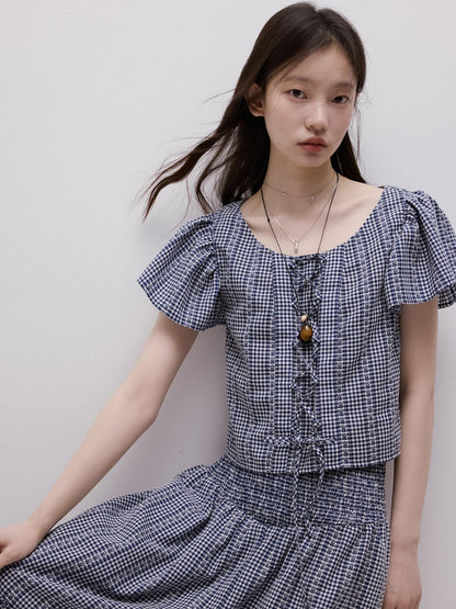 FUSSED Blue White Vichy Check Tie Flutter Sleeve Women&