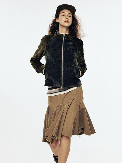 FUSSED Brown Colorblock Stand Collar Raglan Women&