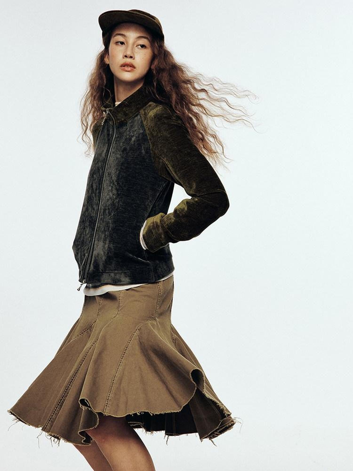 FUSSED Brown Colorblock Stand Collar Raglan Women&
