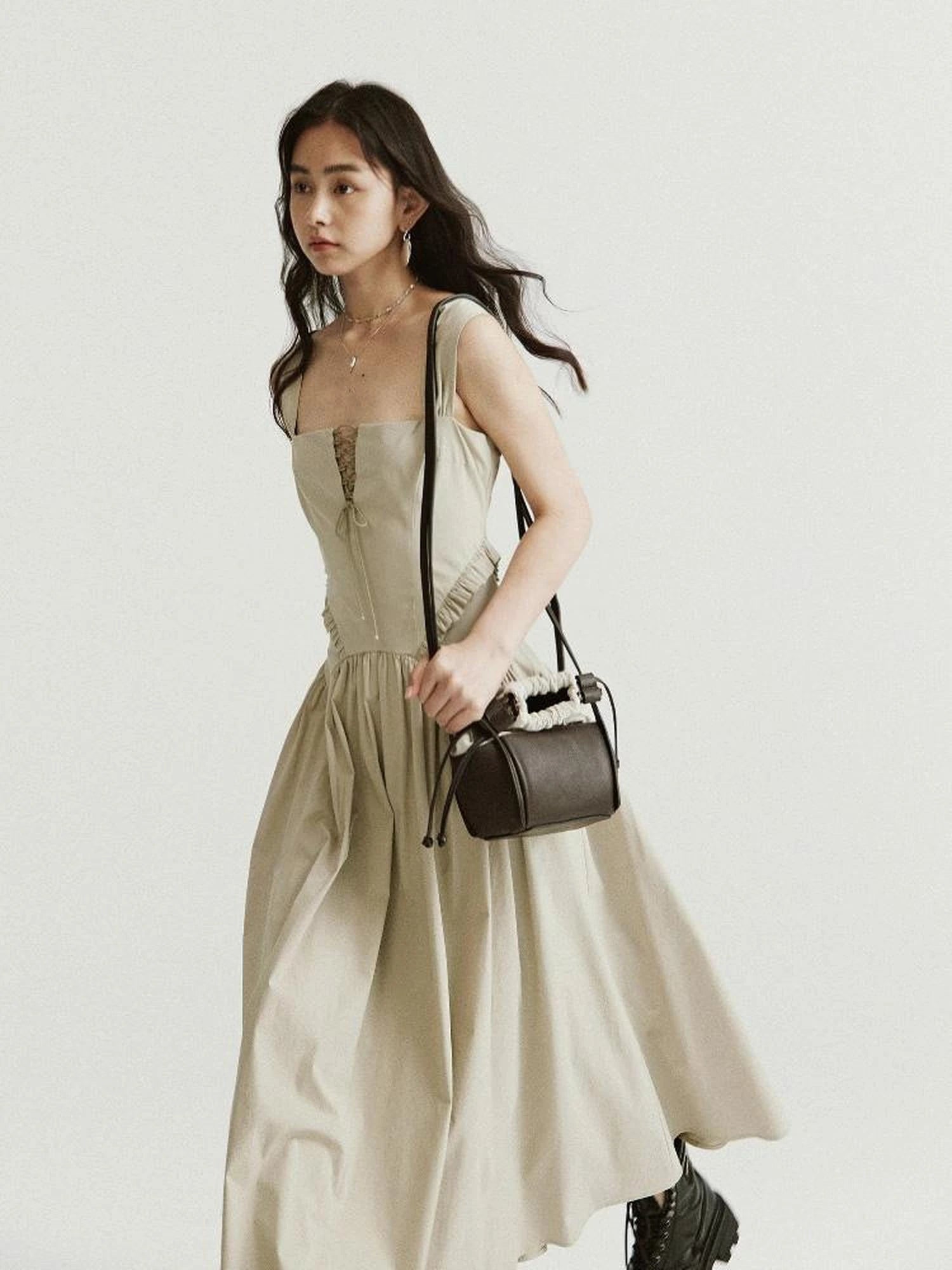 Brown Leather Beige Canvas Drawstring Basket Bag