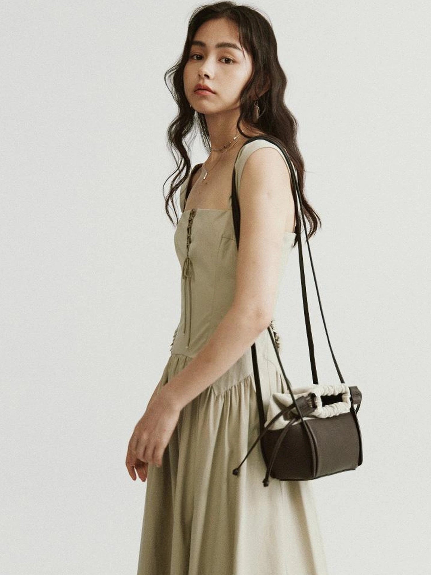 Brown Leather Beige Canvas Drawstring Basket Bag