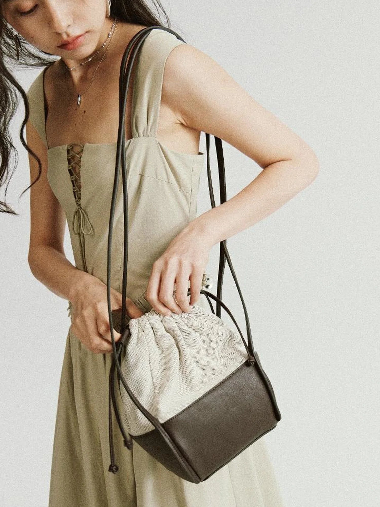 Brown Leather Beige Canvas Drawstring Basket Bag