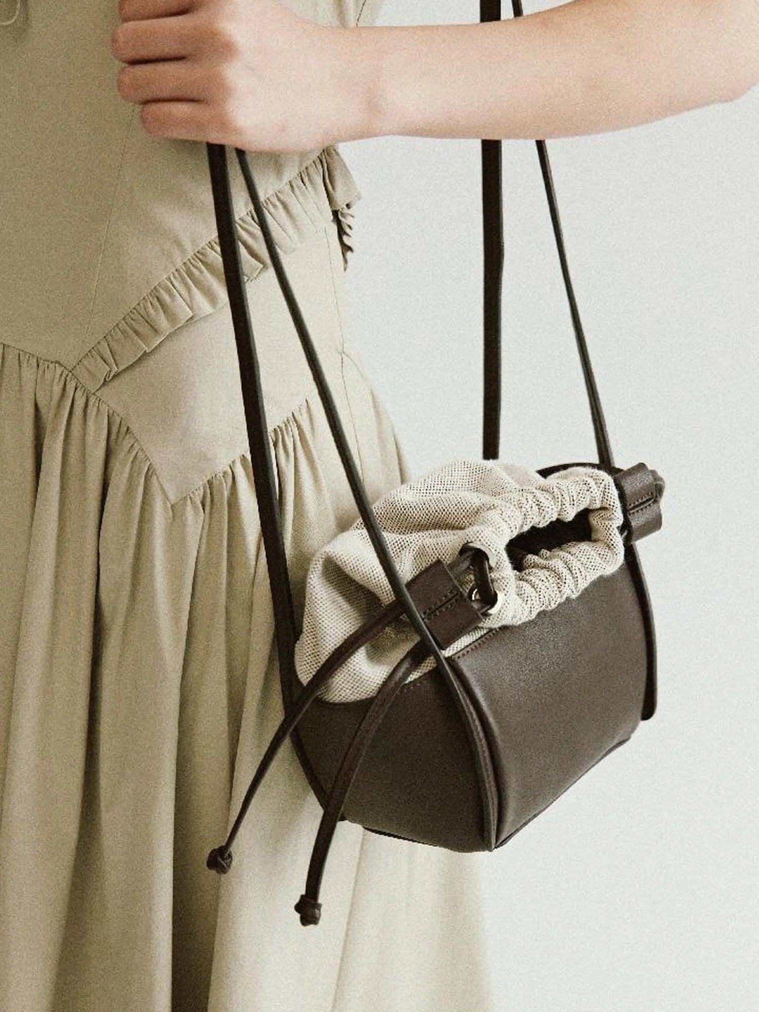 Brown Leather Beige Canvas Drawstring Basket Bag
