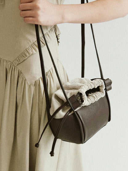 Brown Leather Beige Canvas Drawstring Basket Bag