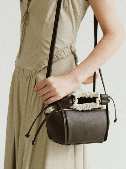 FUSSED Brown Leather Beige Canvas Drawstring Basket Bag