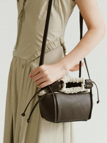 Brown Leather Beige Canvas Drawstring Basket Bag