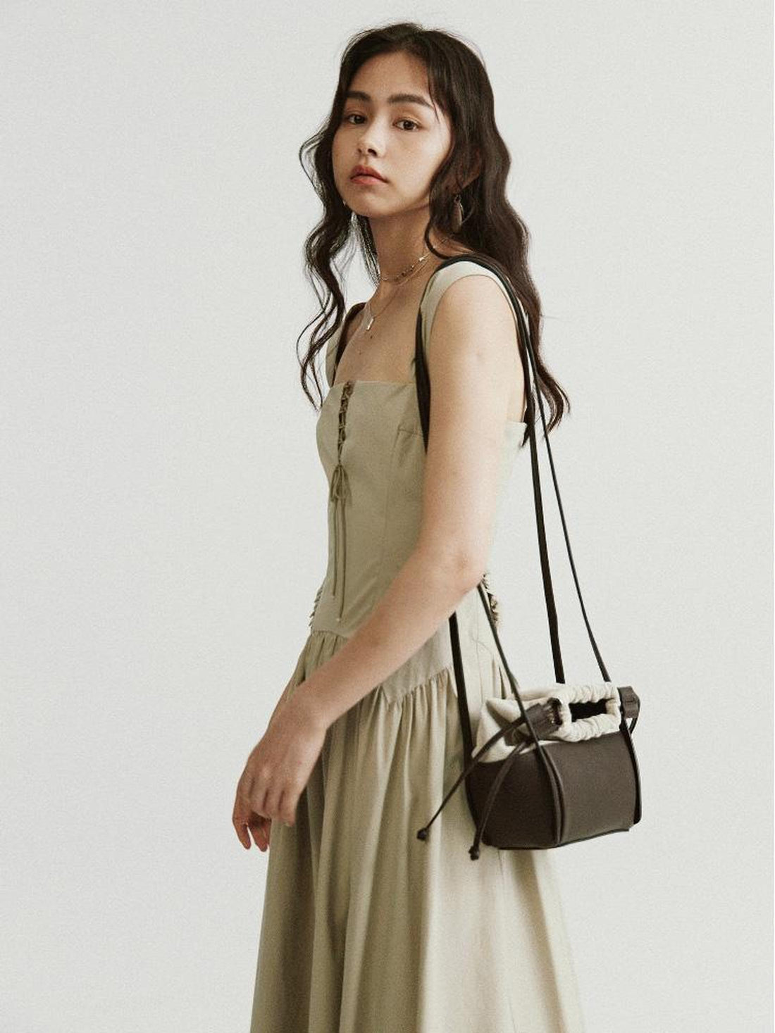 FUSSED Brown Leather Beige Canvas Drawstring Basket Bag