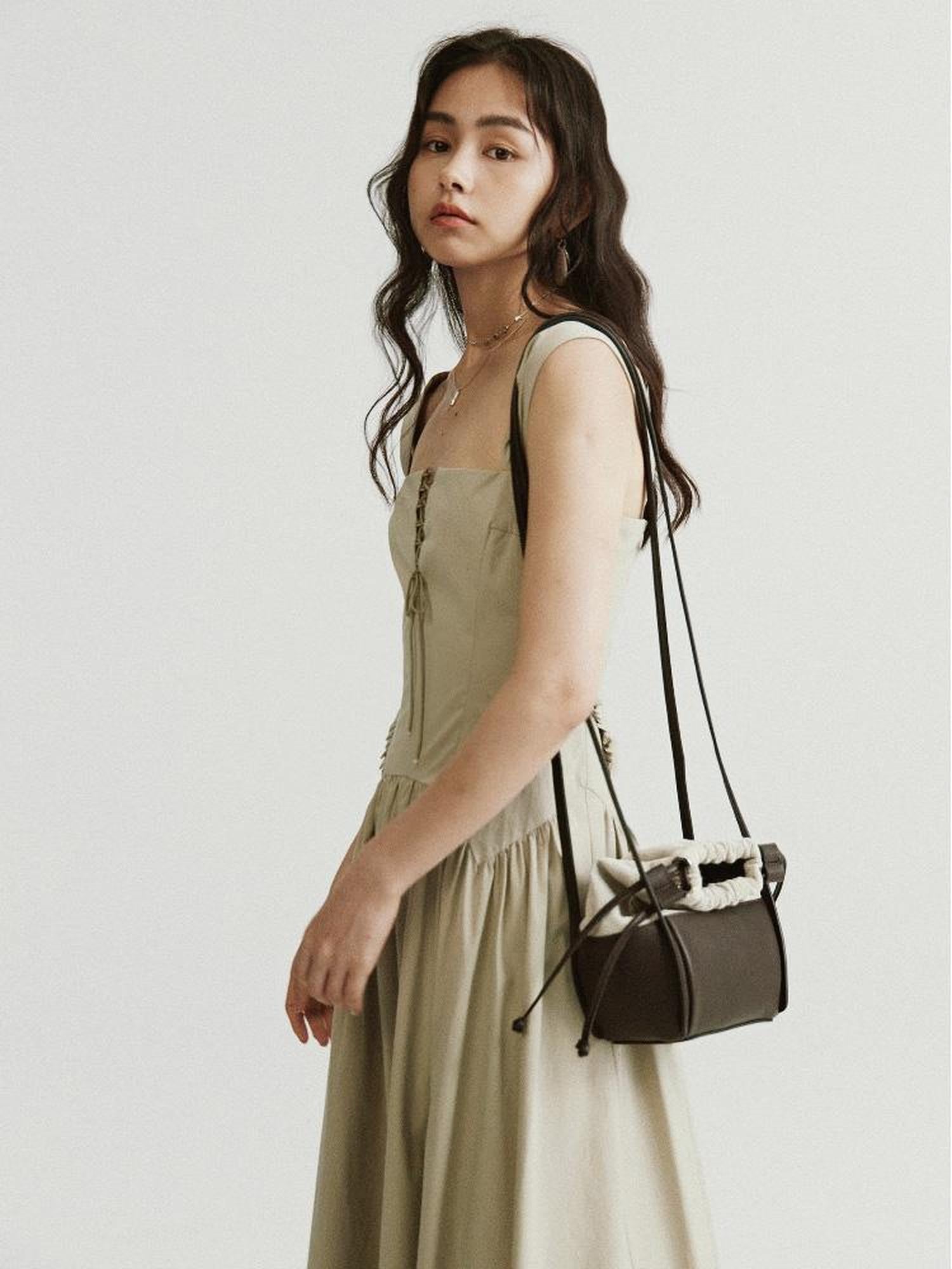 FUSSED Brown Leather Beige Canvas Drawstring Basket Bag
