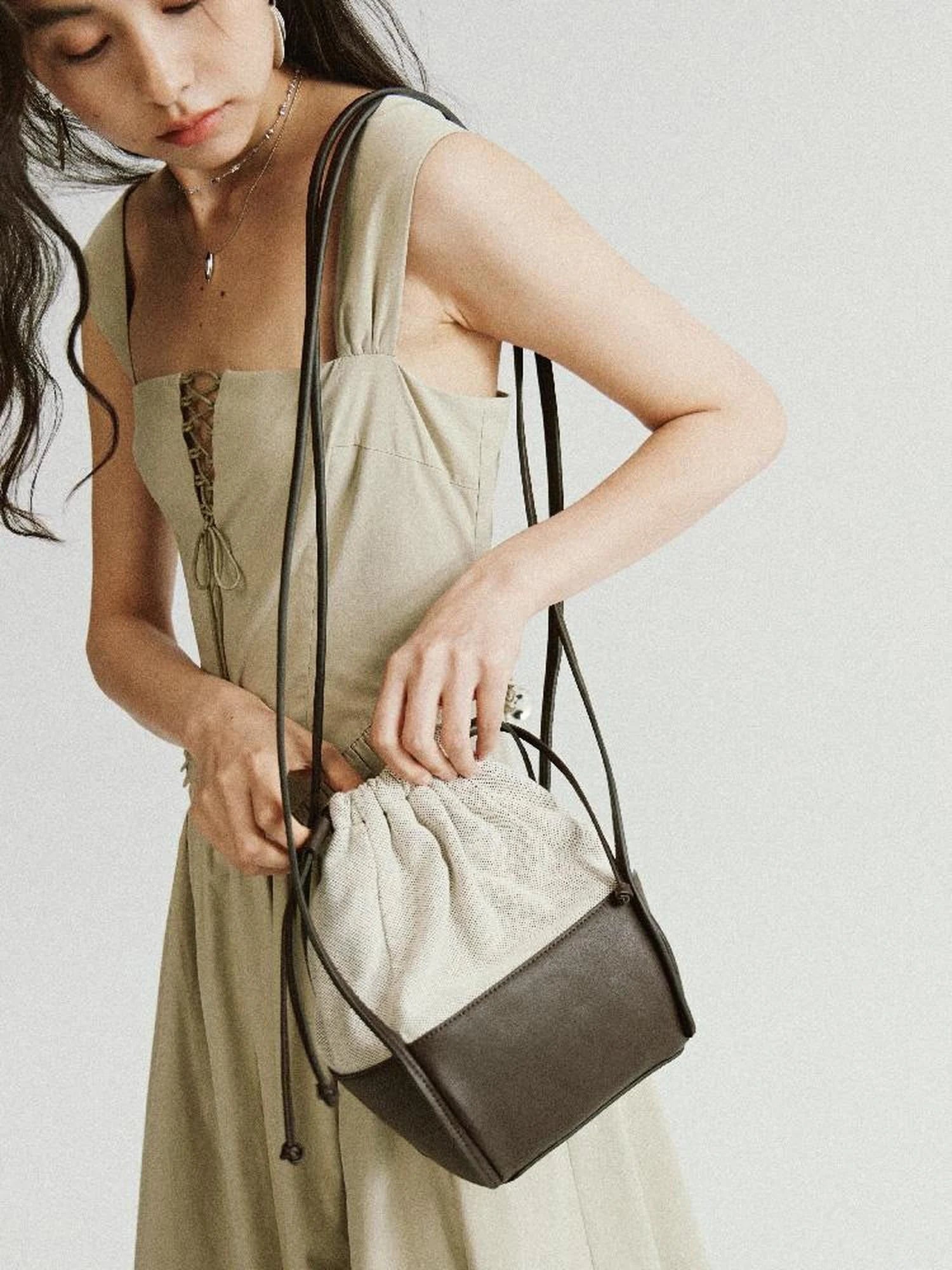Brown Leather Beige Canvas Drawstring Basket Bag