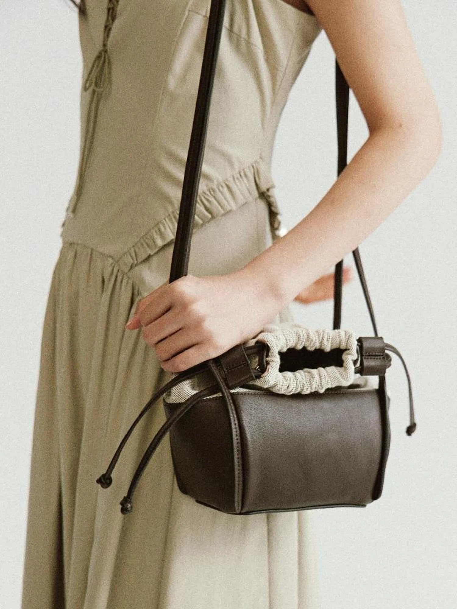 Brown Leather Beige Canvas Drawstring Basket Bag