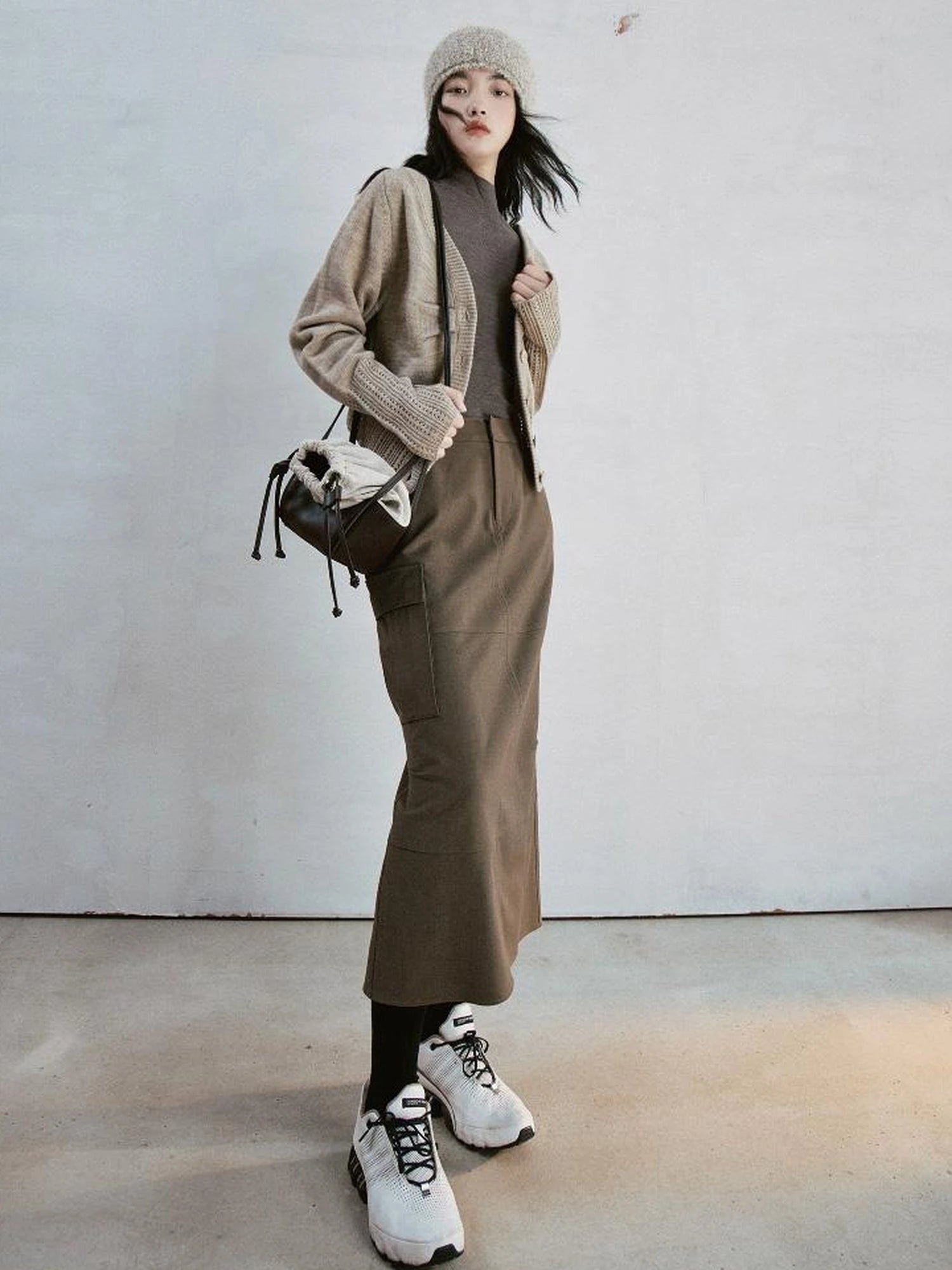 Brown Leather Beige Canvas Drawstring Basket Bag